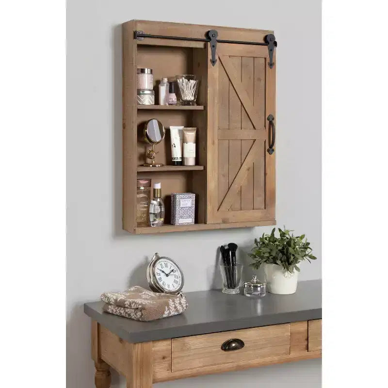 Armoire murale décorative en bois avec miroir de courtoisie et porte coulissante style grange, rustique