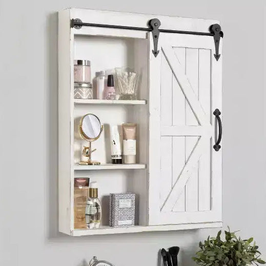 Armoire murale décorative en bois avec miroir de courtoisie et porte coulissante style grange, rustique