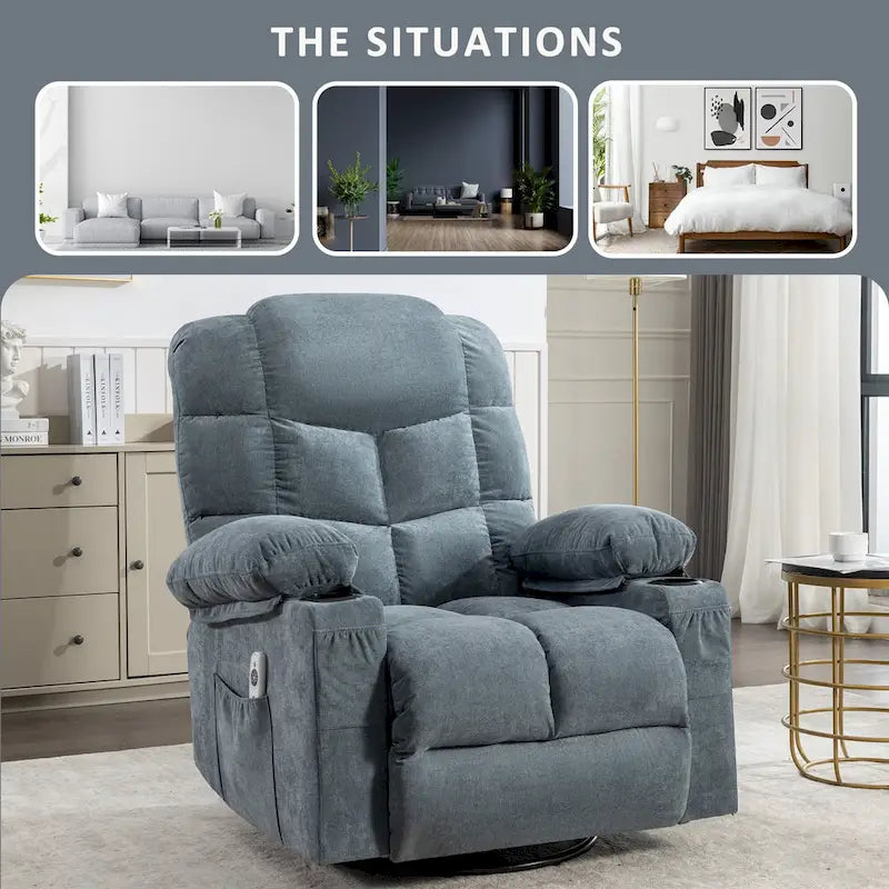 Fauteuil inclinable gris surdimensionné avec fonctions de chauffage et de massage, inclinaison à 150°, bascule à 30°, port USB pour la recharge et 2 porte-gobelets