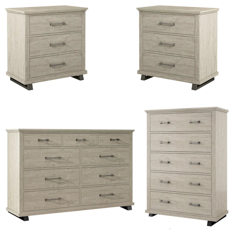 Ensemble de chambre à coucher 4 pièces Farmhouse - 2 tables de chevet, 1 commode et 1 chiffonnier