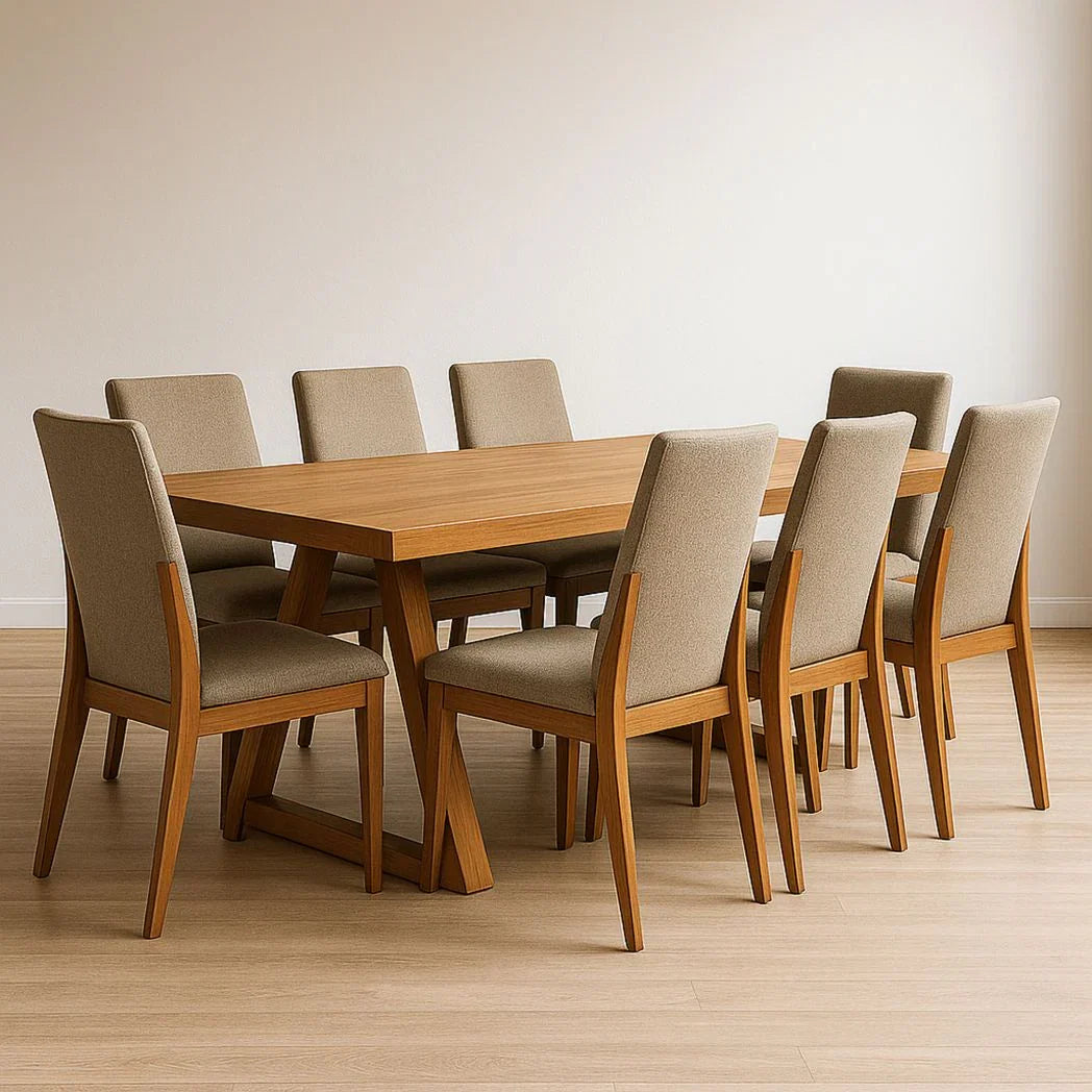 Rectangular solid wood dining table set with 8 beige fabric chairs