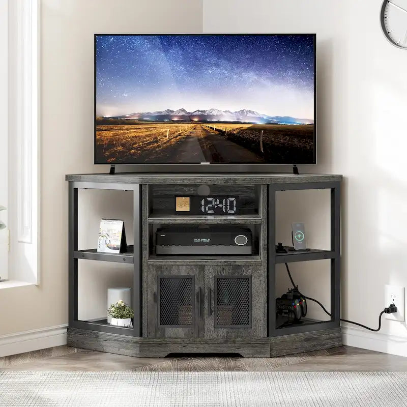 Meuble TV d'angle de ferme, meuble multimédia avec prise de courant pour téléviseurs jusqu'à 55 pouces