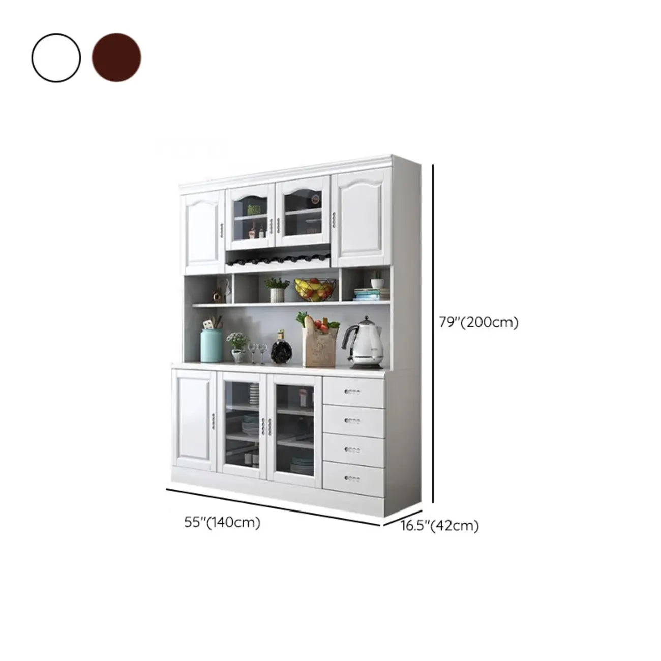 Buffet de cuisine en bois blanc avec casier à vin intégré