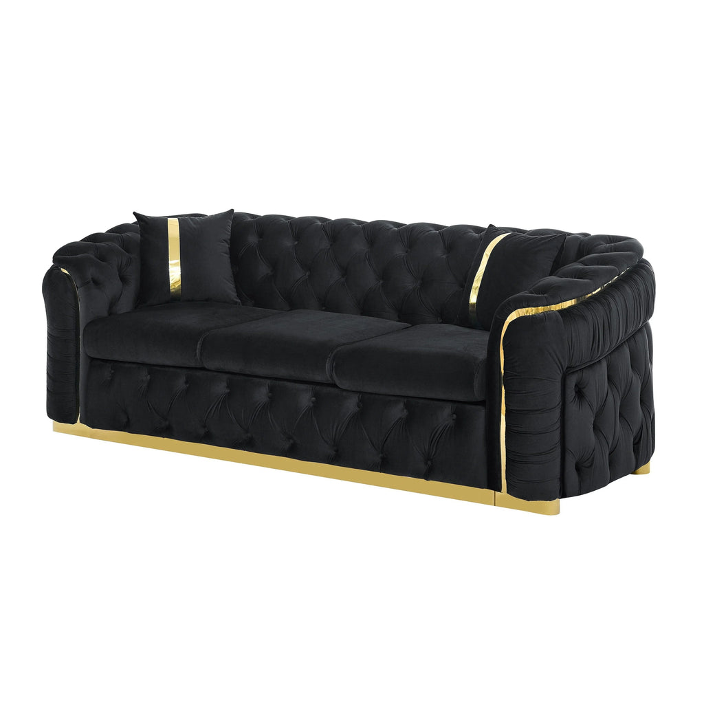 Canapé 3 places Velvet 90,6 po avec 2 oreillers, coussins haute densité, accents dorés et oreillers