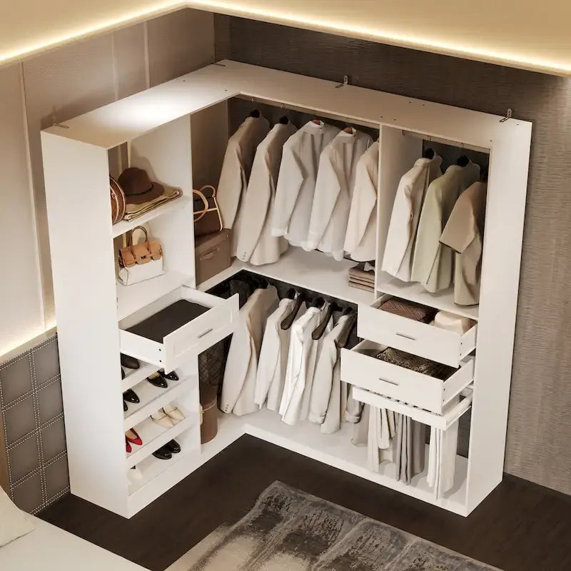 Armoire d'angle avec 2 tringles, un porte-pantalons et un rangement à chaussures