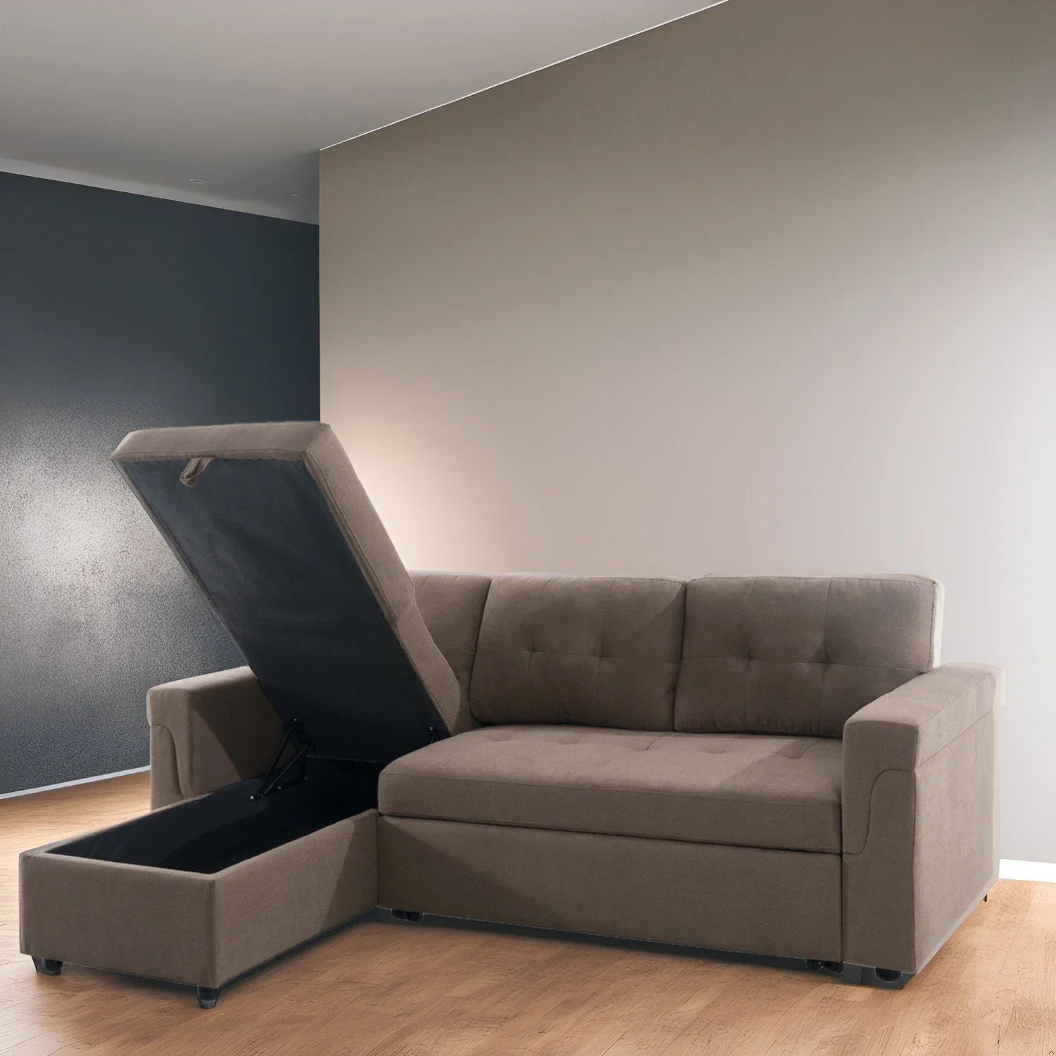 Canapé d'angle réversible convertible avec lit gigogne, méridienne de rangement et pieds durables