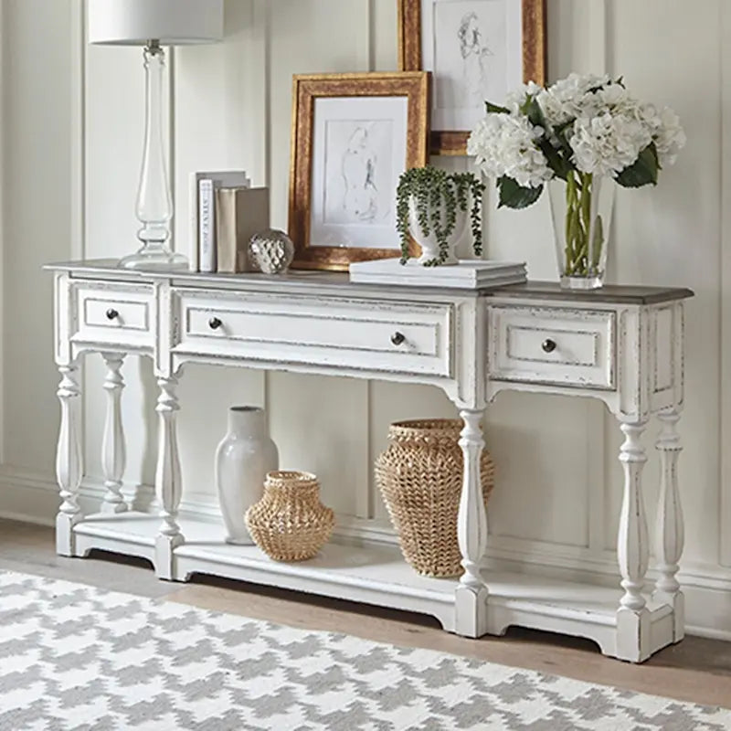 Console de hall 72 po blanc antique et écorce vieillie