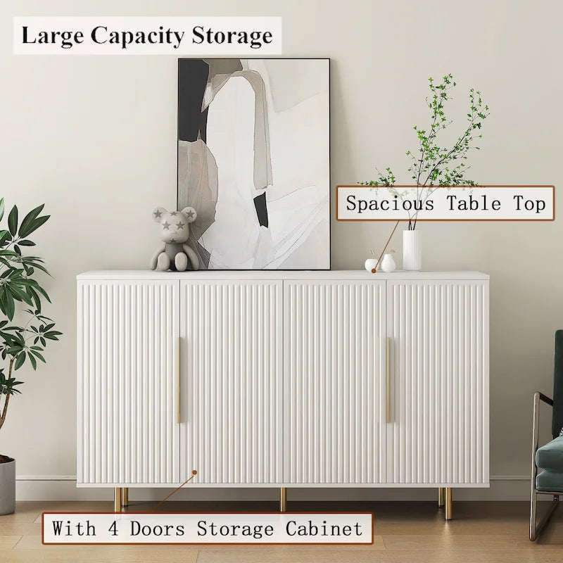 Bahut avec portes décoratives cannelées, buffet en bois avec poignées métalliques, meuble de rangement avec étagères réglables