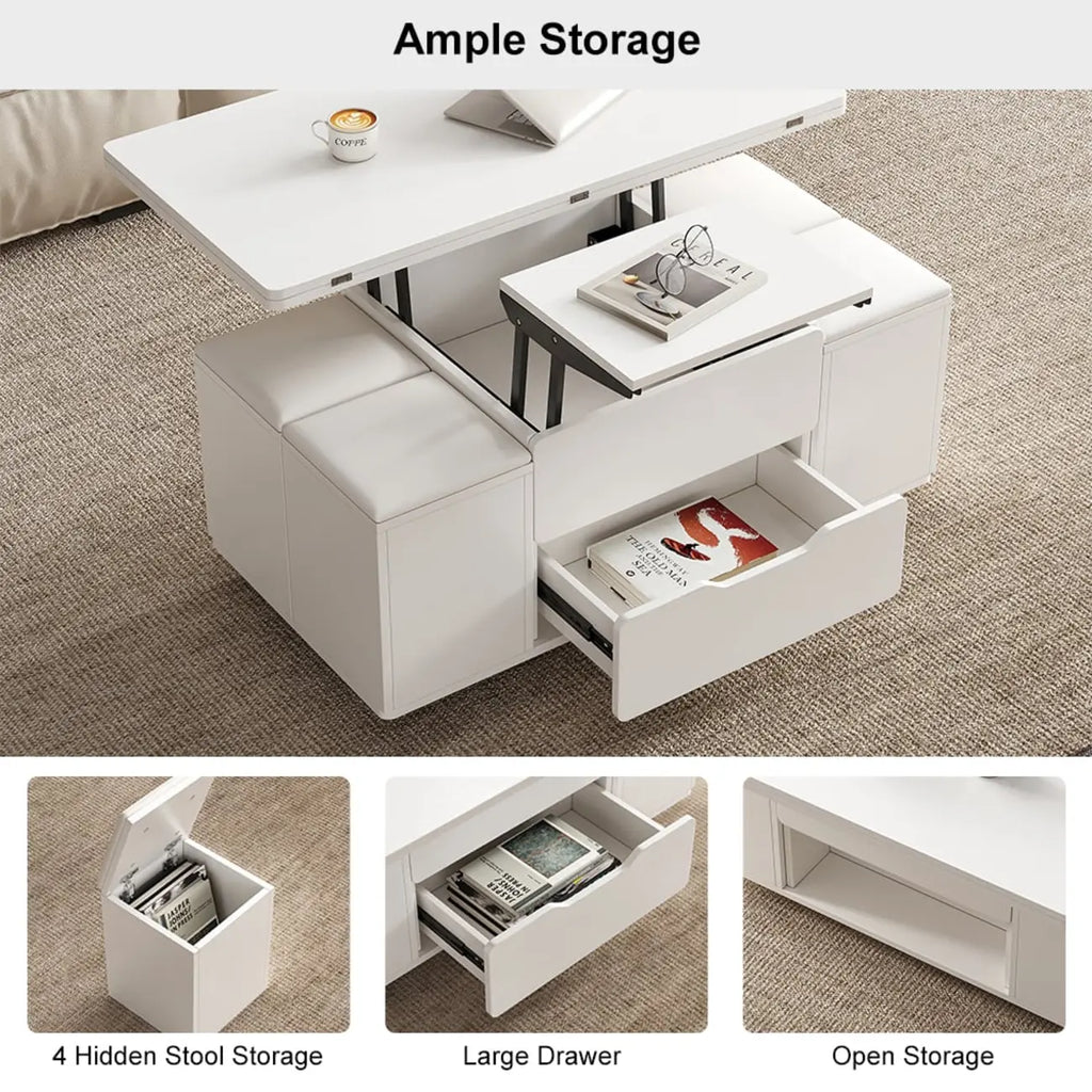 Table basse relevable pliable avec 4 tabourets et rangement