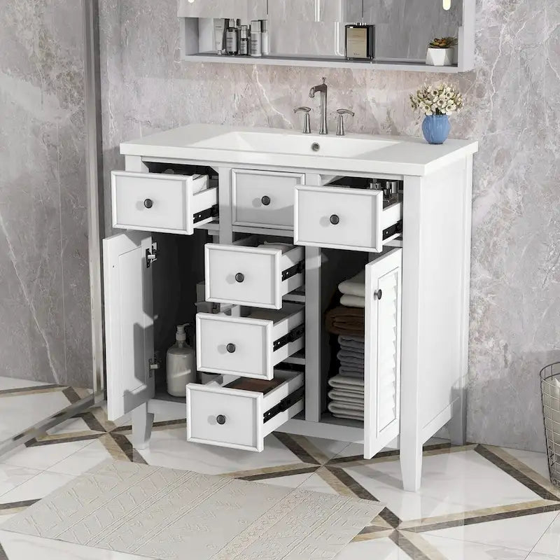 Meuble-lavabo avec vasque en céramique, deux placards et cinq tiroirs