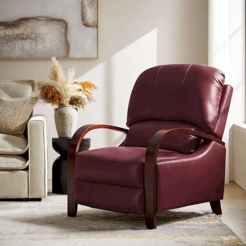 Fauteuil inclinable manuel Alex Mid-century Modern Cigar en cuir véritable avec accoudoirs incurvés en bois