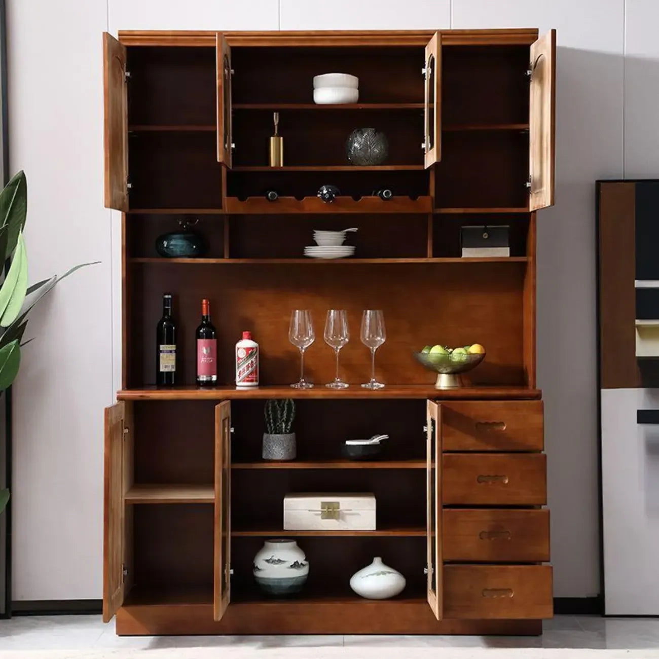 Buffet de cuisine en bois blanc avec casier à vin intégré