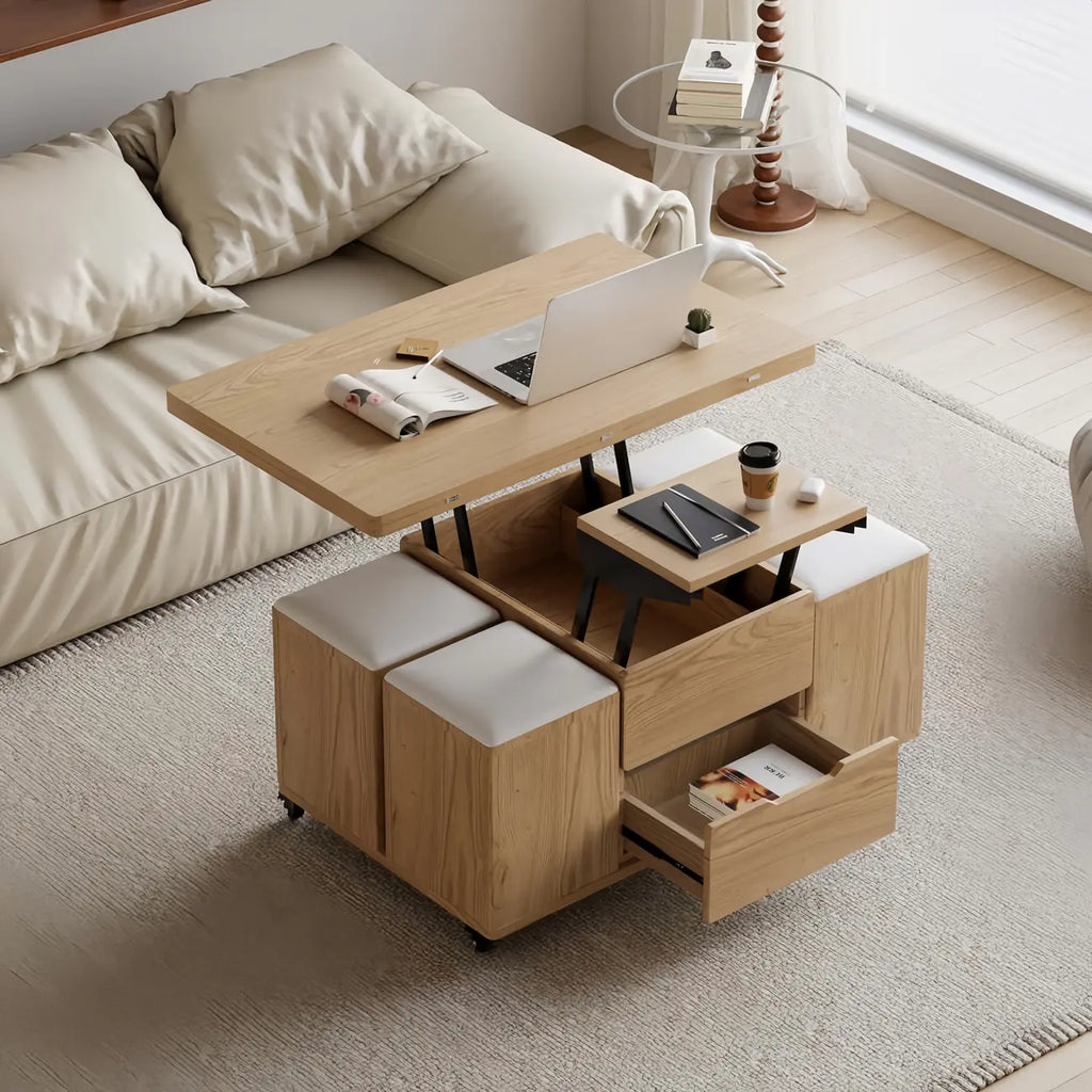 Table basse relevable pliable avec 4 tabourets et rangement