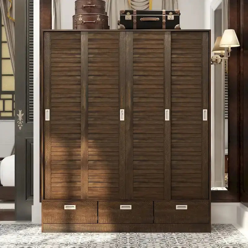 Armoire-penderie marron avec tiroirs, tringle et 4 portes coulissantes