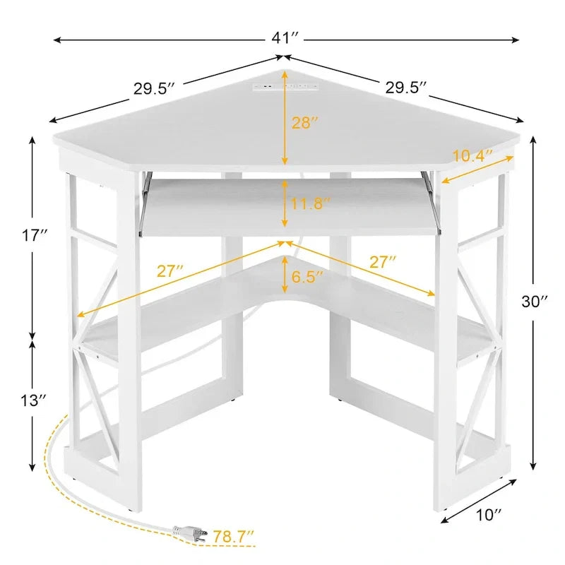 Bureau d'Angle Petit Bureau avec Prises, Table d'Angle pour Petit Espace, Bureau d'Ordinateur avec Ports USB, Bureau Triangle avec Rangement