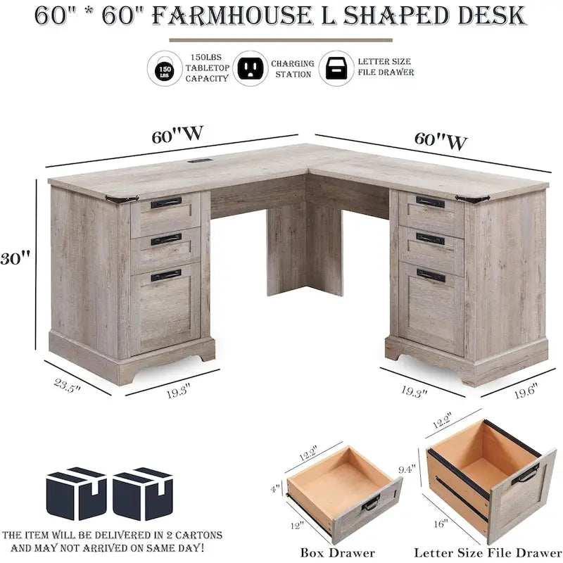 Bureau d'angle exécutif en forme de L 60 Farmhouse, bureau d'angle en bois, bureau d'ordinateur
