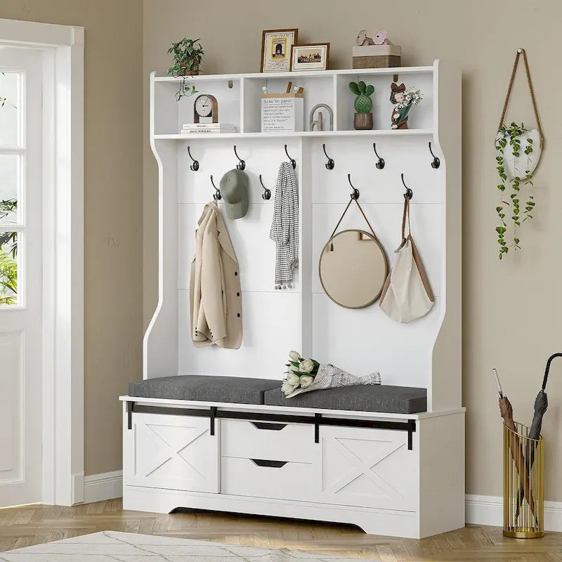 Meuble d'entrée avec banc, rangement à chaussures et patères porte-manteaux, style porte de grange