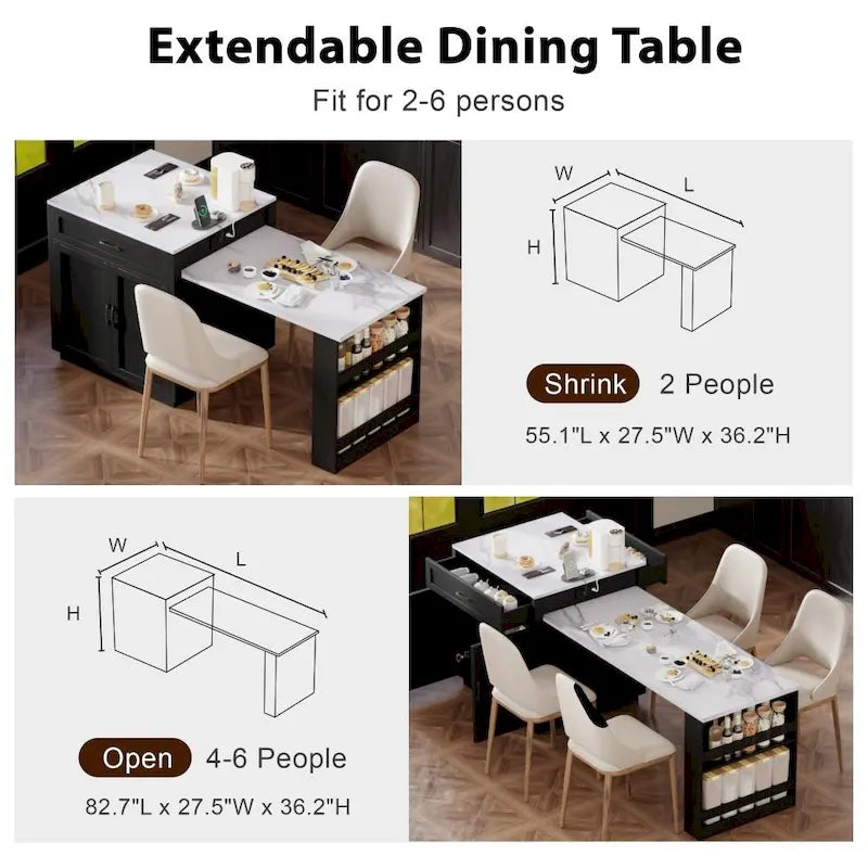 Îlot de cuisine en bois de 210 cm pour 4 à 6 personnes avec table à manger extensible et rangement double.