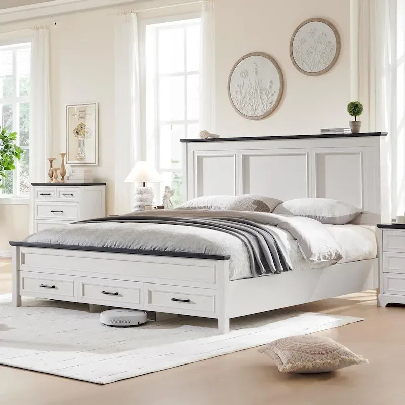 Cadre de lit en bois King Size de style ferme avec tête de lit, cadre de lit plateforme
