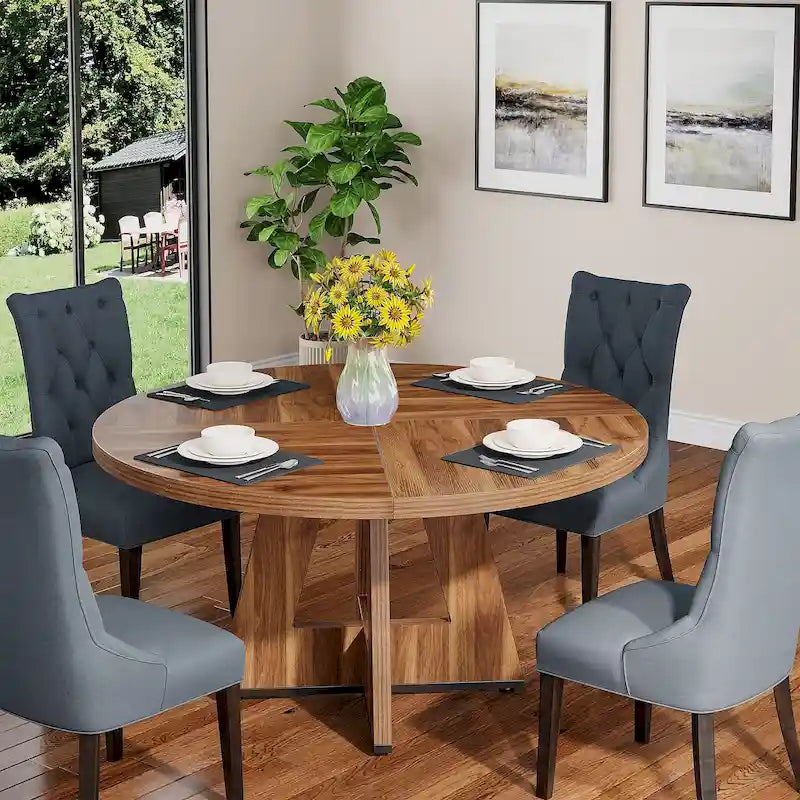 Table à manger ronde de 120 cm pour 4 personnes, table de salle à manger/cuisine/salon en bois style ferme