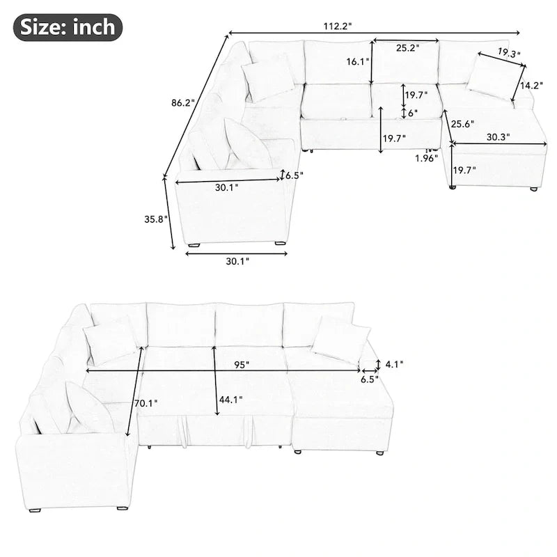 Canapé d'angle en chenille convertible, canapé-lit en forme de L avec pouf de rangement, 3 oreillers et dispositifs de charge