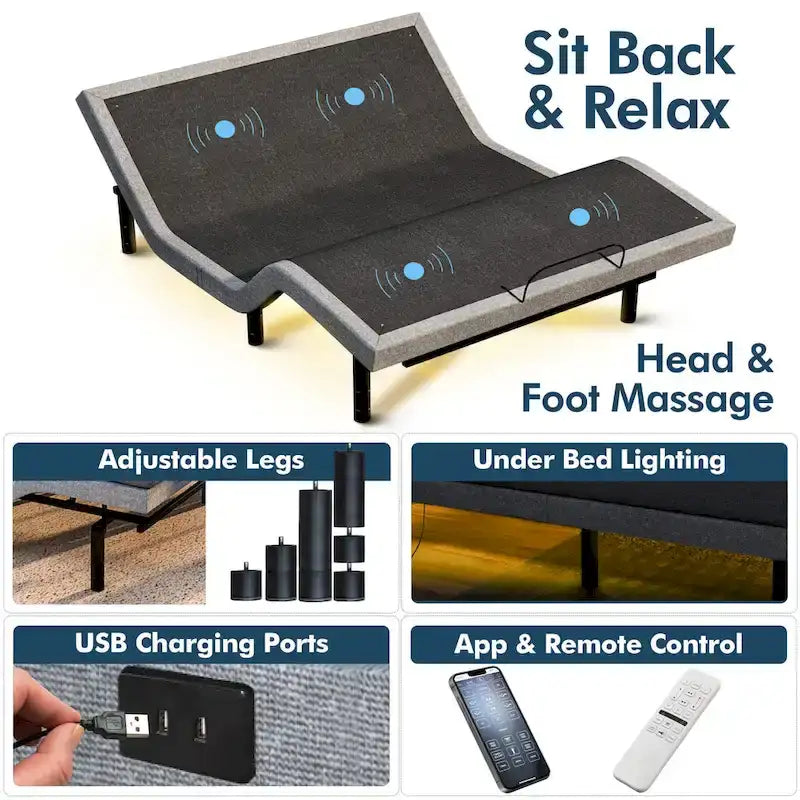 Cadre de lit réglable avec matelas en mousse à mémoire de forme au gel, massage double, ports USB, application, télécommande