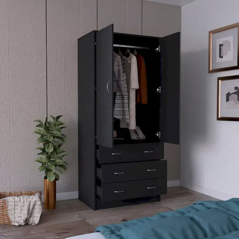 19 Armoire moderne à deux portes avec 3 tiroirs et 1 tringle de penderie pour chambre à coucher