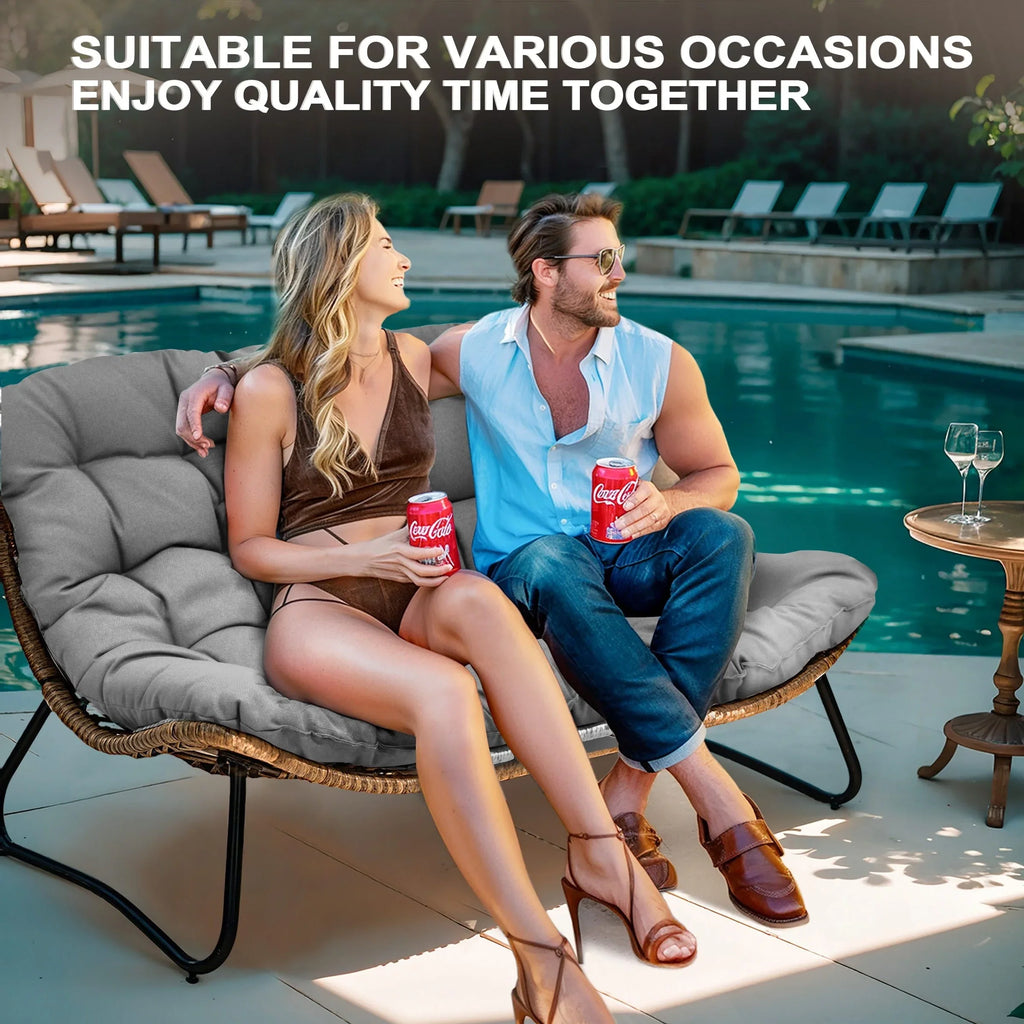 Causeuse double Papasan avec coussin, rotin PE tout temps et cadre en métal pour l'intérieur et l'extérieur