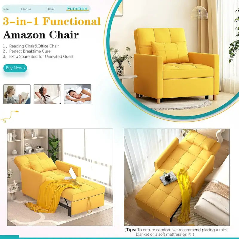 AECOJOY Fauteuil Convertible 3-en-1 avec Oreiller et Dossier Réglable
