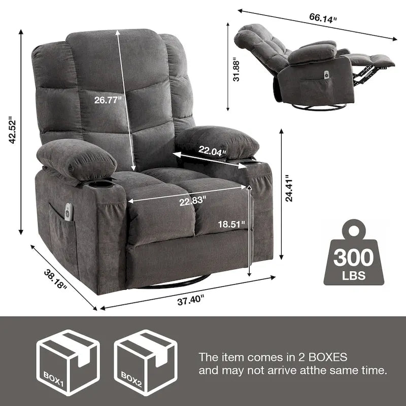 Fauteuil inclinable gris surdimensionné avec fonctions de chauffage et de massage, inclinaison à 150°, bascule à 30°, port USB pour la recharge et 2 porte-gobelets