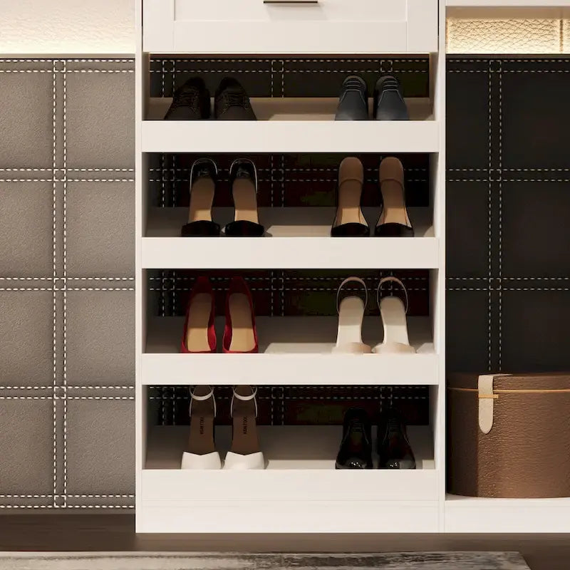 Armoire d'angle avec 2 tringles, un porte-pantalons et un rangement à chaussures