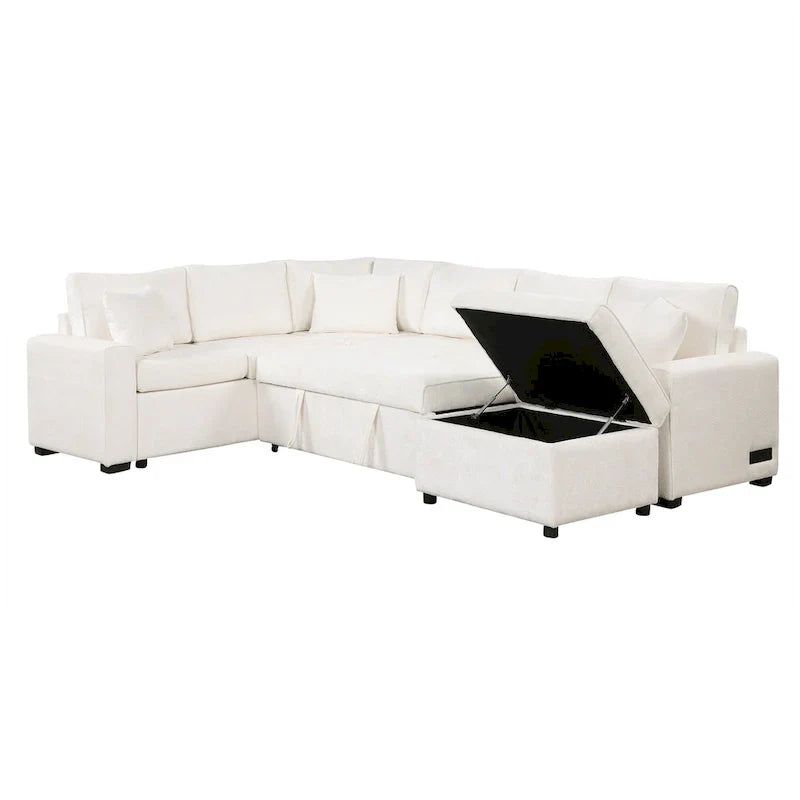 Canapé d'angle en chenille convertible, canapé-lit en forme de L avec pouf de rangement, 3 oreillers et dispositifs de charge