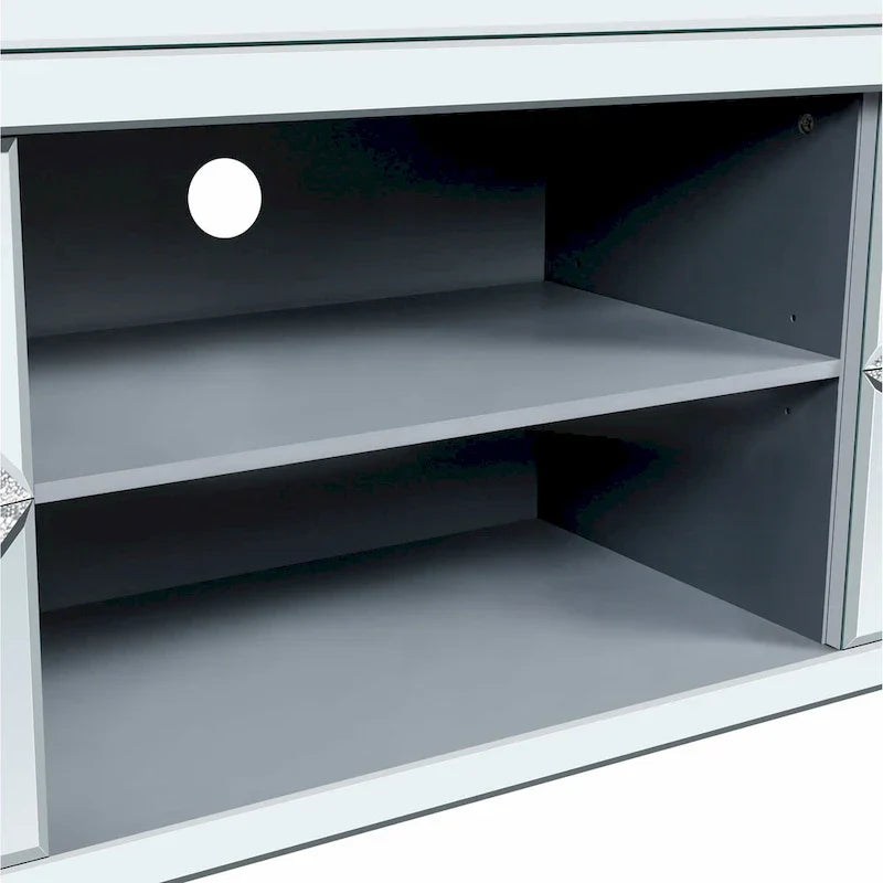 Meuble TV de 150 cm avec portes miroir en losange et rangement pour téléviseurs jusqu'à 65 pouces