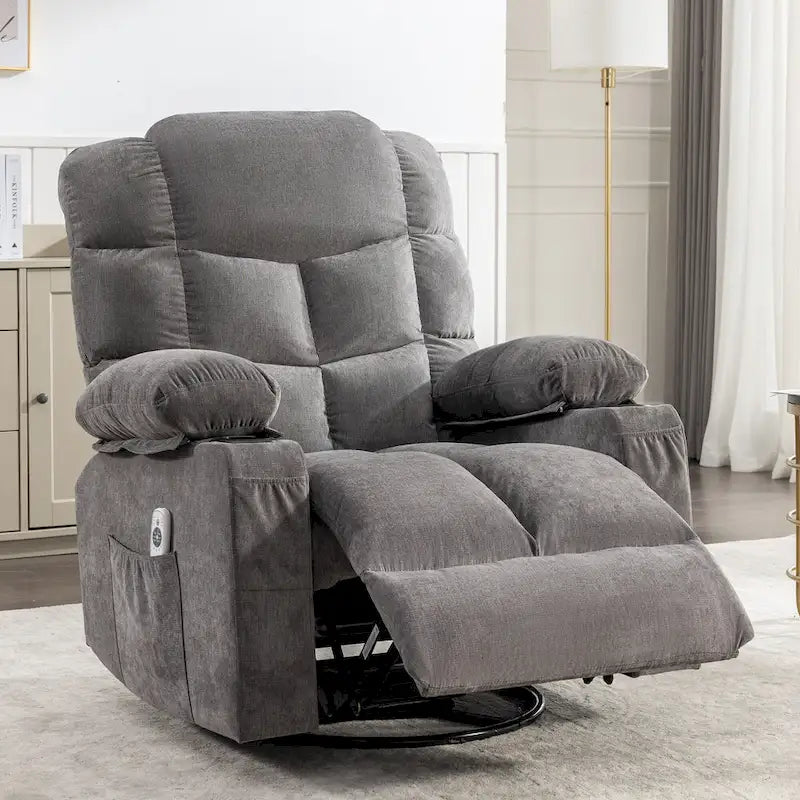 Fauteuil inclinable gris surdimensionné avec fonctions de chauffage et de massage, inclinaison à 150°, bascule à 30°, port USB pour la recharge et 2 porte-gobelets