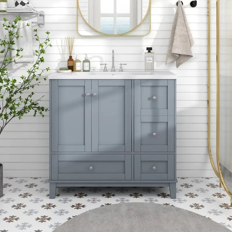 Meuble-lavabo de 36 pouces avec chargement USB, évier en résine, cadre en bois massif, 3 tiroirs de rangement