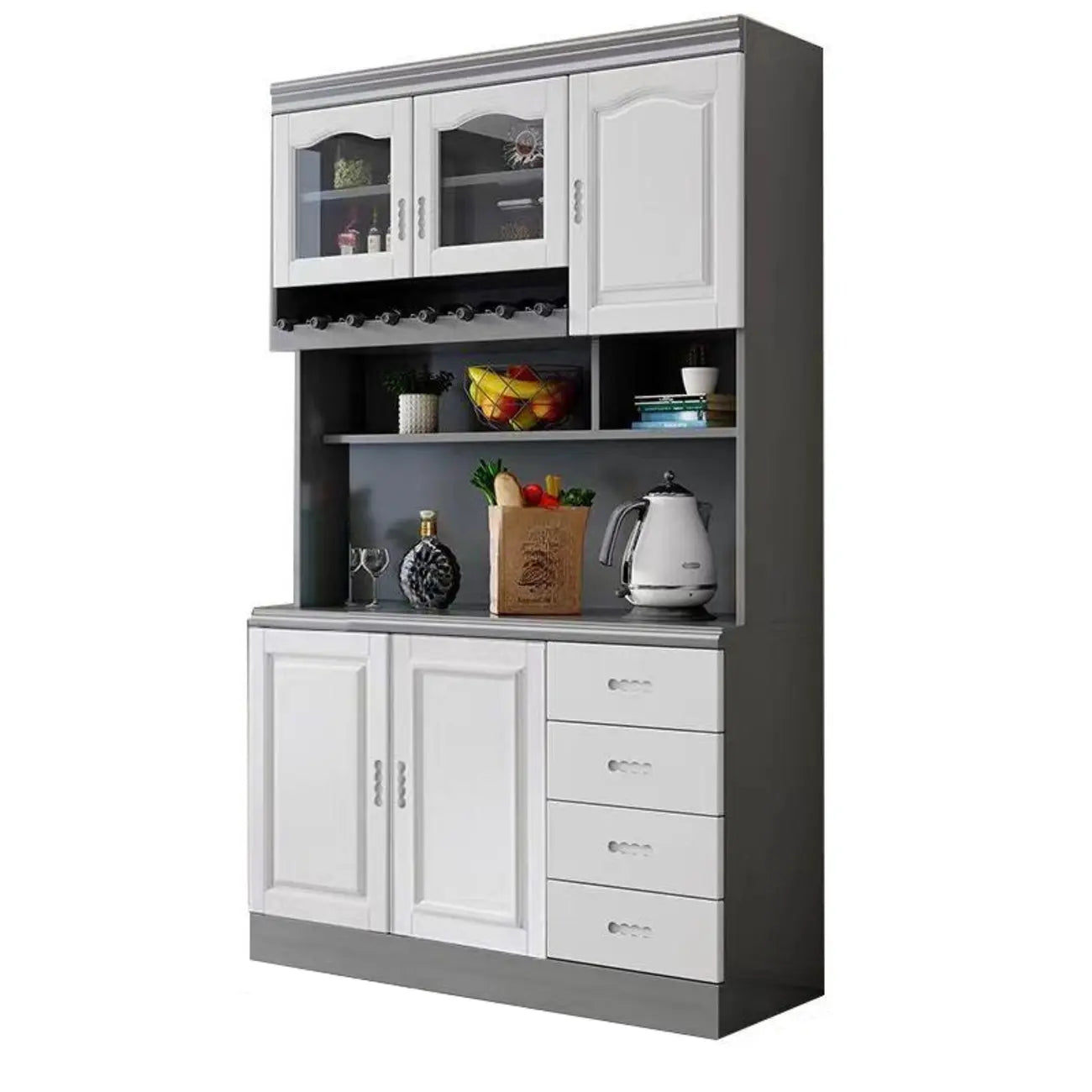 Buffet de cuisine en bois blanc avec casier à vin intégré