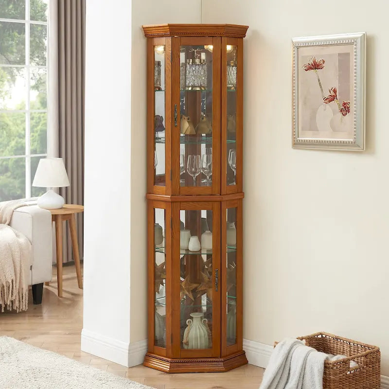 Vitrine d'angle avec éclairage, étagères réglables en verre trempé, fond miroir, meuble vitrine