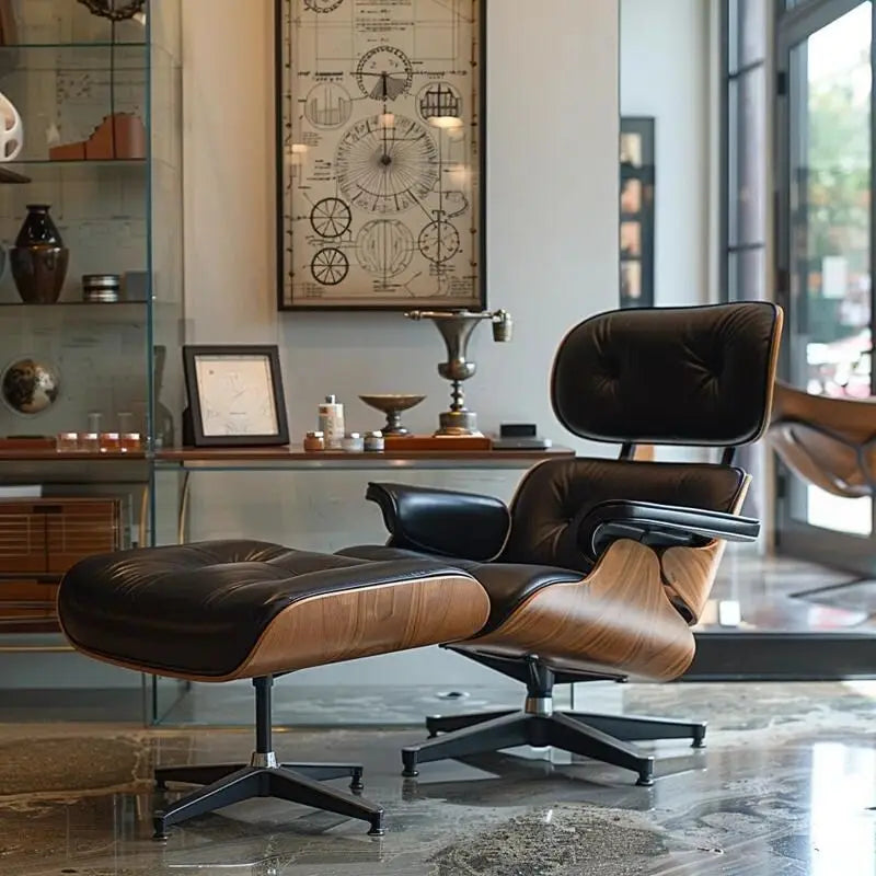 Fauteuil inclinable et ottoman Furgle en cuir véritable et bois de noyer