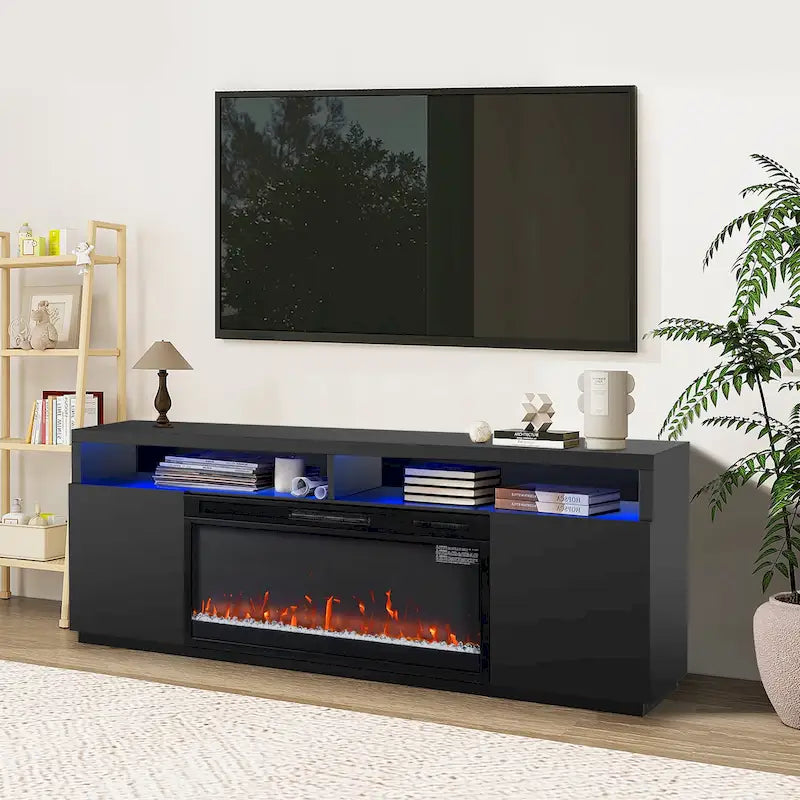 Meuble TV de cheminée électrique RVB moderne noir de 68 pouces pour téléviseurs jusqu'à 72 pouces