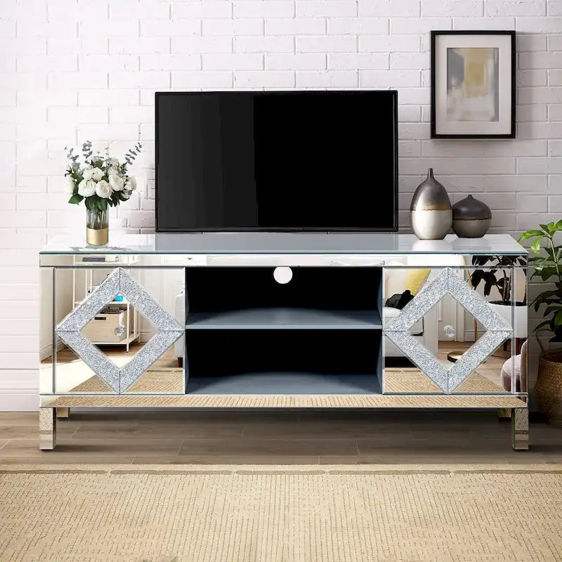 Meuble TV de 150 cm avec portes miroir en losange et rangement pour téléviseurs jusqu'à 65 pouces