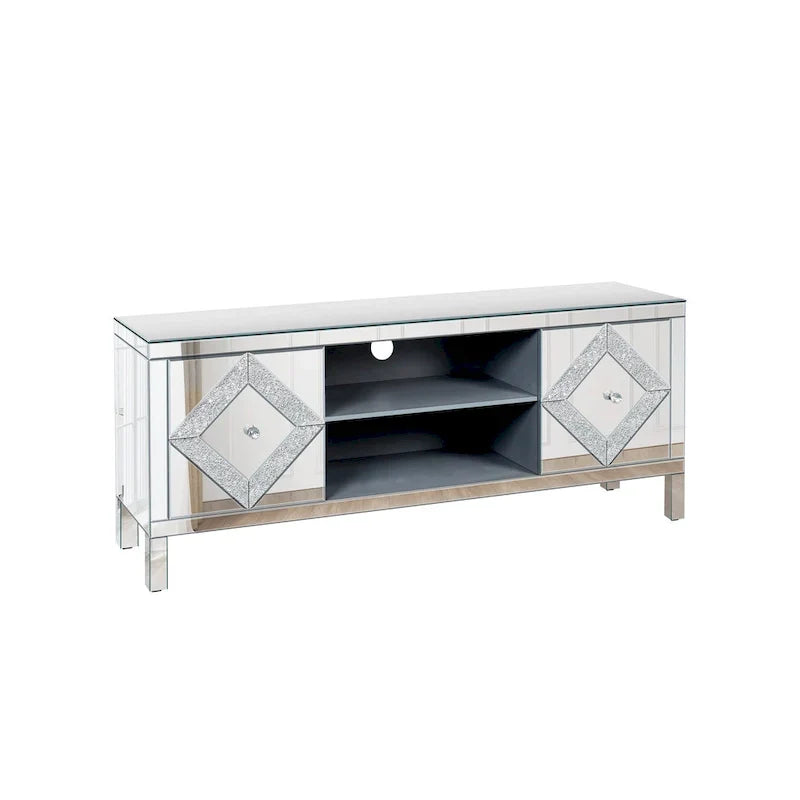 Meuble TV de 150 cm avec portes miroir en losange et rangement pour téléviseurs jusqu'à 65 pouces