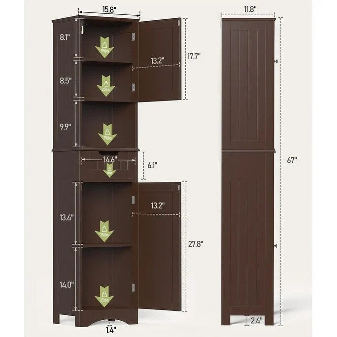 Meuble de Salle de Bain Haut de 170 cm, Colonne de Rangement Étroite avec 2 Portes et Tiroir