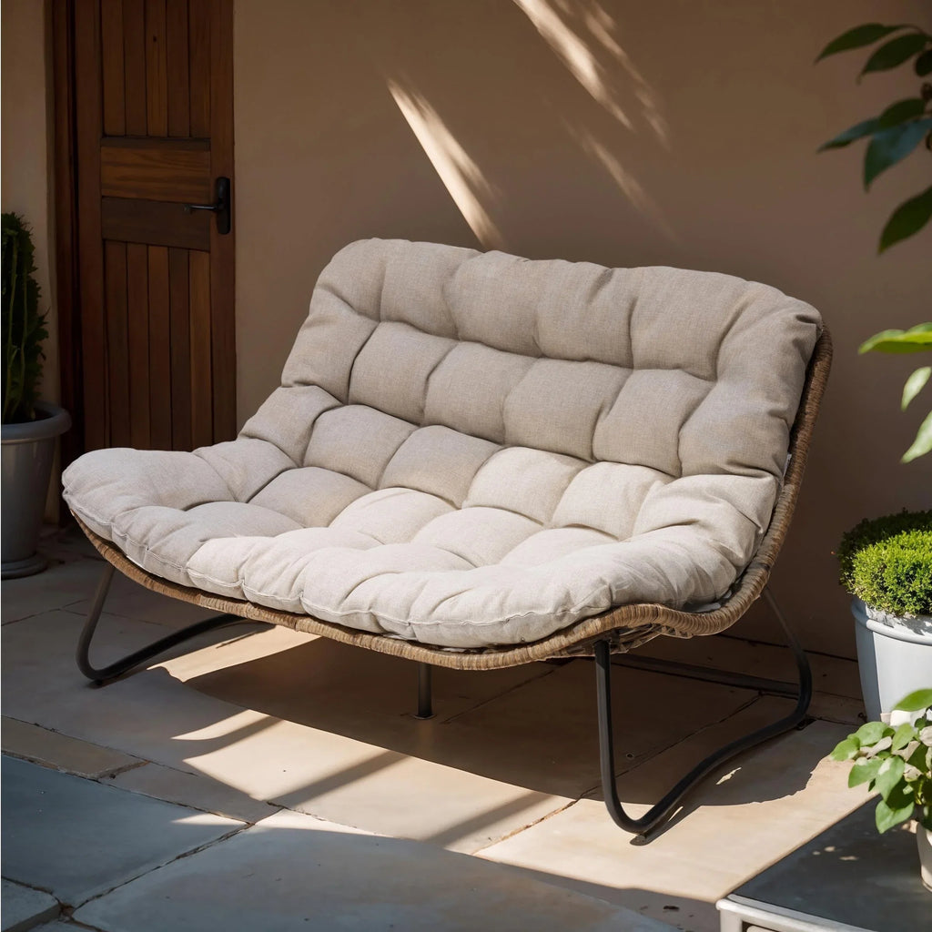 Causeuse double Papasan avec coussin, rotin PE tout temps et cadre en métal pour l'intérieur et l'extérieur