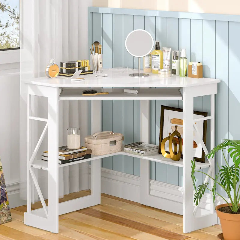 Bureau d'Angle Petit Bureau avec Prises, Table d'Angle pour Petit Espace, Bureau d'Ordinateur avec Ports USB, Bureau Triangle avec Rangement