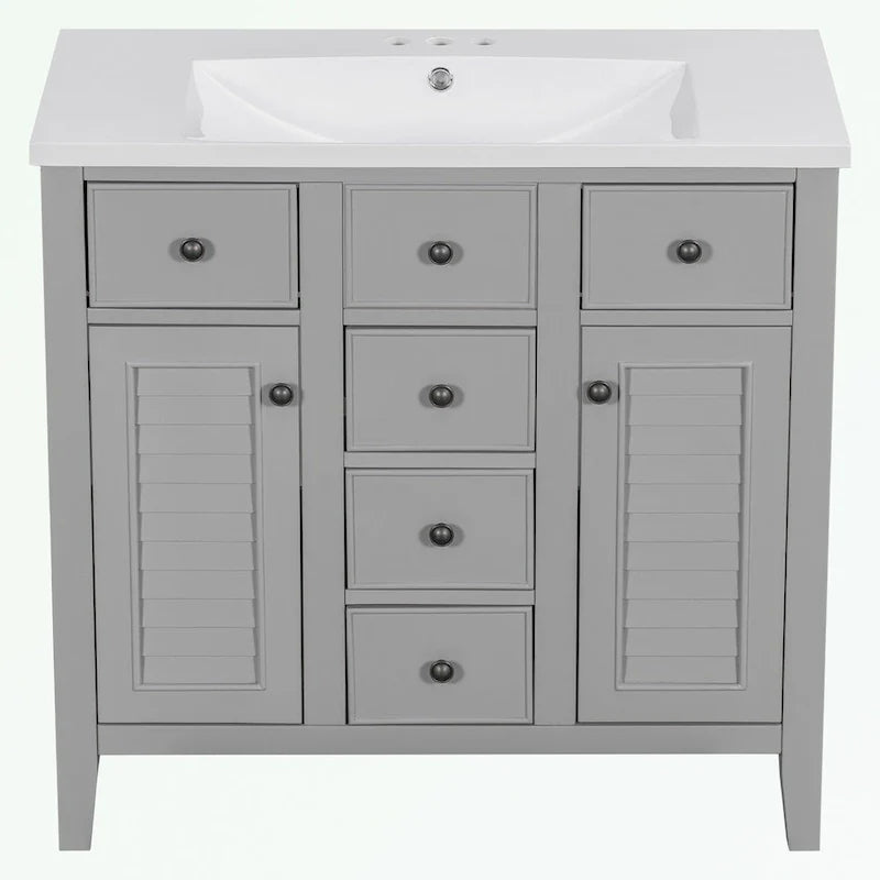 Meuble-lavabo avec vasque en céramique, deux placards et cinq tiroirs