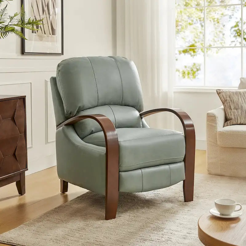 Fauteuil inclinable manuel Alex Mid-century Modern Cigar en cuir véritable avec accoudoirs incurvés en bois