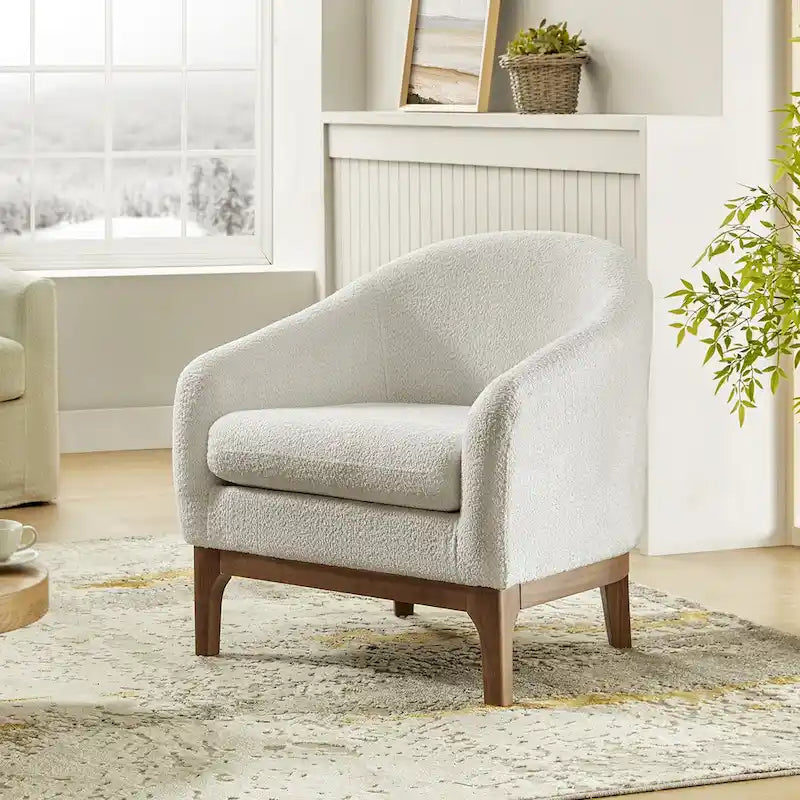 Fauteuil tonneau moderne Augus en bouclette avec pieds en bois massif par HULALA HOME