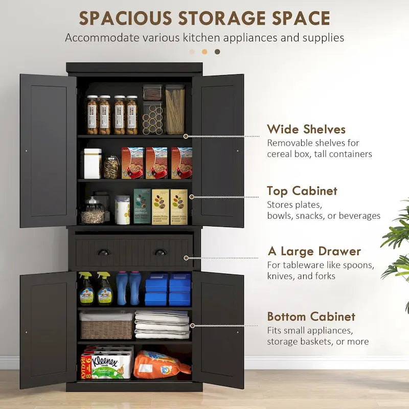 Meuble de rangement de cuisine autoportant traditionnel de 72 pouces avec 4 portes et 3 étagères réglables, grand tiroir central
