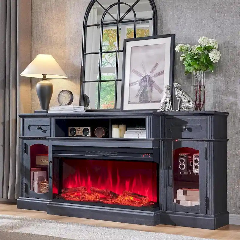 Meubles TV avec cheminée électrique de style rustique jusqu'à 80 pouces, centre de divertissement
