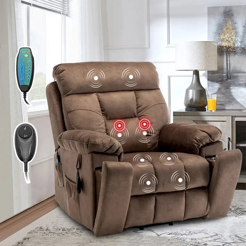 Grand fauteuil inclinable de massage électrique avec fonction de levage, chauffage et porte-gobelet dissimulé